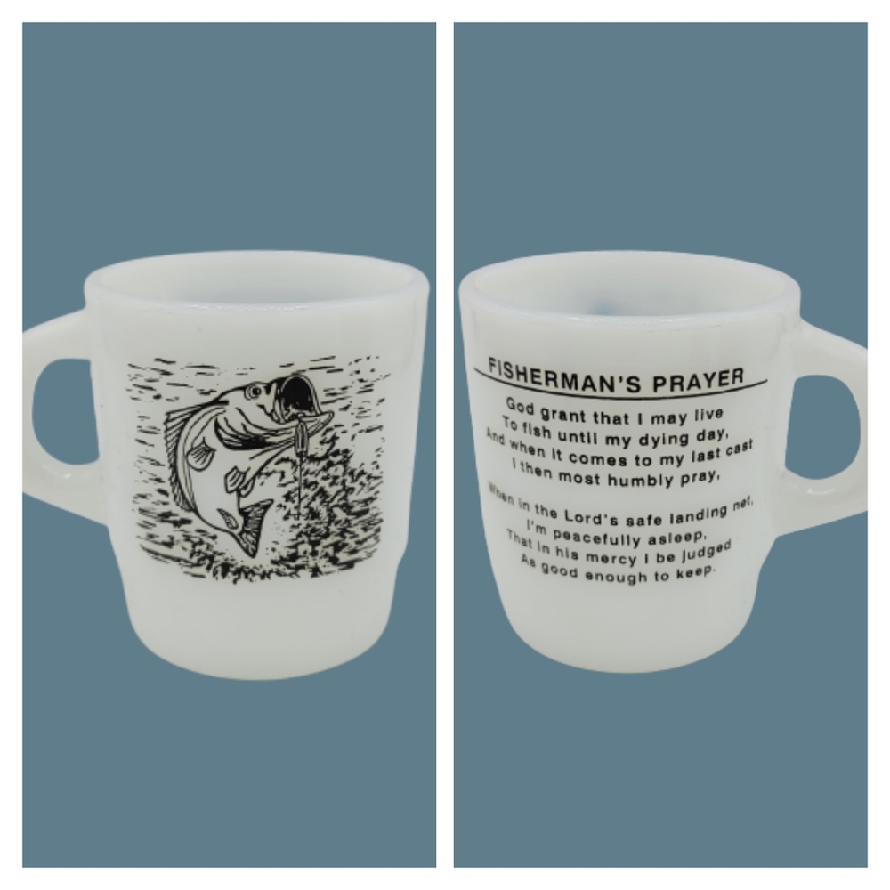 Termocrisa Fisherman's Prayer Bass Milk Glass Mug 1960s Vintage